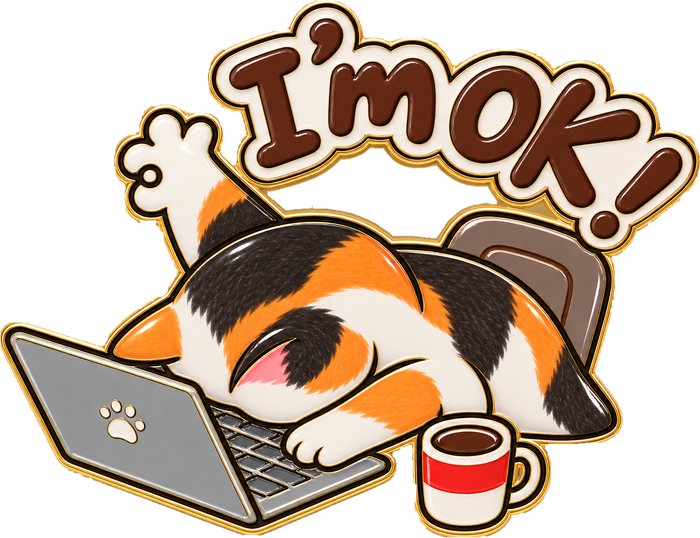 A cartoon cat asleep on a laptop under an “I'm OK!” speech bubble
